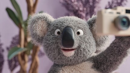 Naklejka premium Joyful cartoon koala taking a selfie with a camera in a lavender field