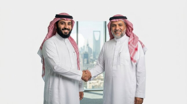 Two Saudi Arabian men in white thobes and red shemagh shaking hands in an office representing partnership, trust and professional business growth

