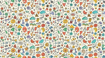 Obraz premium Colorful hand drawn doodle seamless pattern with creative icons and abstract symbols background