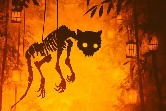 Mysterious feline silhouette emerging from a fiery, shadowy background in an eerie setting