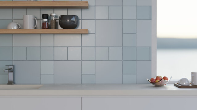 Modern Kitchen Counter with White Tile Backsplash and Open Shelves