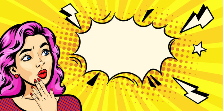 Surprised pop art woman with speech bubble on bright comic background. Retro comic style female portrait with empty text box for advertising, promotion, announcement and marketing design.