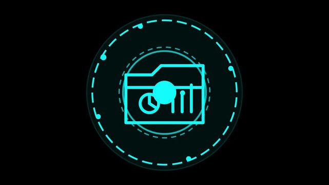 Futuristic HUD data folder icon glowing with business analytics chart interface elements for modern cyber technology graphic design concept