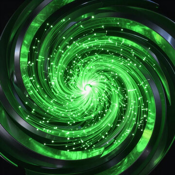 Hypnotic green tech portal: swirling concentric rings of dark titanium and glowing emerald fiber optics