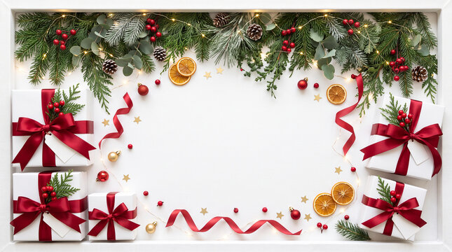 White background bordered by a festive wreath of pine branches red ribbon and gift boxes perfect for new year 2027 christmas invitation concept