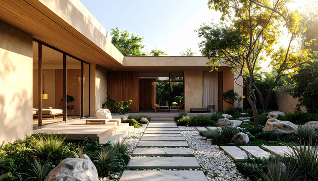 Modern Wabi Sabi villa exterior, textured clay and limewashed walls, natural timber cladding, organic landscaping background