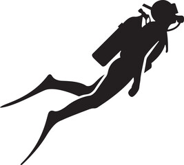 Vector silhouette of a scuba diver exploring the deep ocean, isolated icon design representing underwater activity and aquatic sports © NiMade