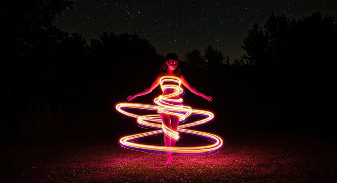 Woman dancing with light trails against a dark night sky background