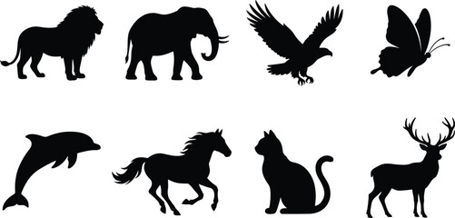 Obraz premium Animal silhouette set featuring lion, elephant, eagle, butterfly, dolphin, horse, cat, and deer