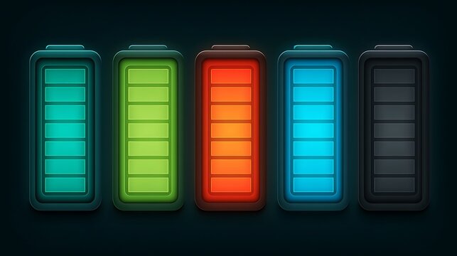 Five stylized battery level indicators with neon glowing colors on dark background. Symbolizing energy levels and.