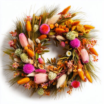 Beautiful lush bright wreath of colorful autumn flowers, grass and leaves as a symbol of autumn, crops and harvest season 