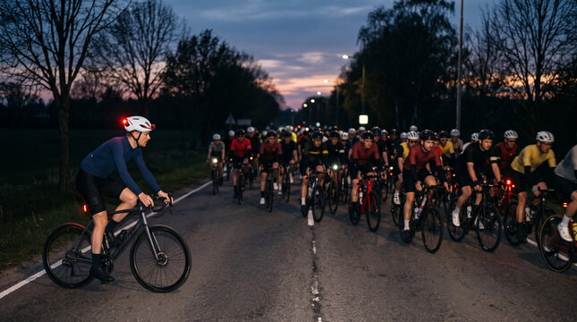 Lone cyclist riding in the opposite direction of a large peloton at dusk