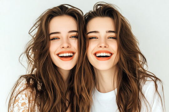 Two young sisters with long brown hair hugging and smiling at Sisters Day as symbol for special love, support, and friendship shared between sisters