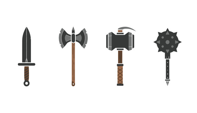 Stylized medieval weapons set including a sharp sword, battle axe, heavy war hammer, and spiked mace in a row.