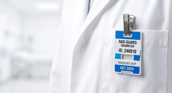 Close up of a radiation dosimeter badge clipped to a white medical lab coat