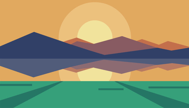 Peaceful mountain landscape at sunset featuring geometric hills and a giant setting sun reflecting in the calm water.