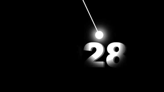 Minimalist countdown timer animation with glowing pendulum and swinging numbers on black background clock