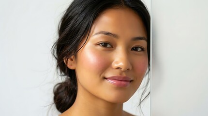 Fototapeta premium Young Asian woman smiling gently while looking directly into camera with clear glowing skin and dark hair tied back face.