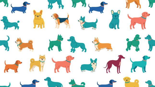 Variety of cute colorful dog breeds seamless pattern with dog breed, seamless