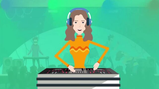 2D Animated Female DJ Wearing Headphones Mixing Music on Turntable Controller Flat Vector Character Animation Footage