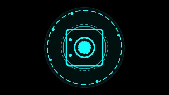 Futuristic glowing cyan safe vault icon HUD circular interface for cyber security, digital banking protection, data privacy and financial technology