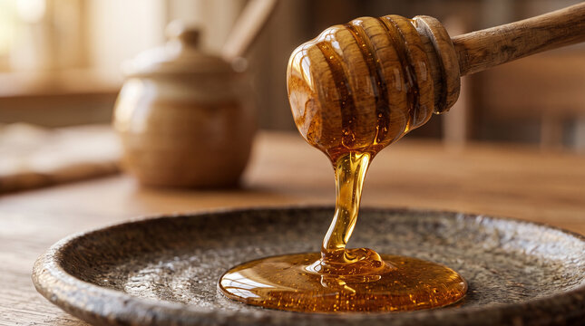 honey drizzle macro wooden spoon