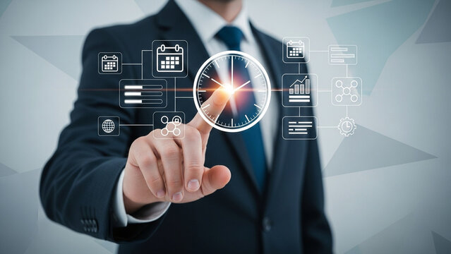 Businessman touching digital time management interface with clock and calendar icons