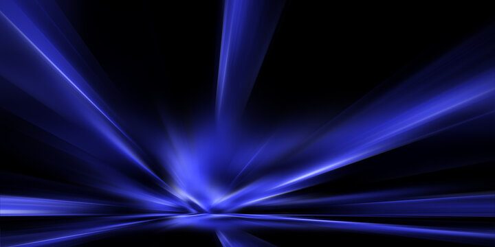 Abstract, science, futuristic, energy technology concept. Digital image of light rays, stripes lines with blue and white light, speed and motion blur over dark background