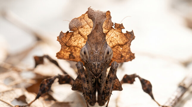 Macro portrait of a ghost mantis camouflaged as a dead brown leaf