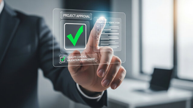 Businessman interacting with digital project approval and electronic compliance verification interface