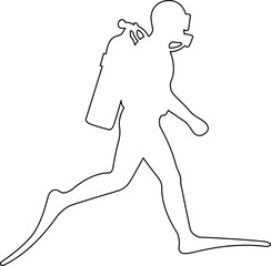Scuba diver line art outline vector icon showing a deep sea diver with tank and flippers swimming underwater concept © NiMade