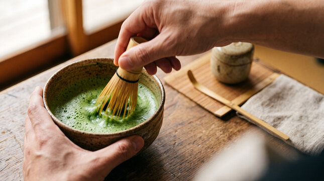 Hands whisking vibrant green matcha tea with a traditional bamboo whisk
