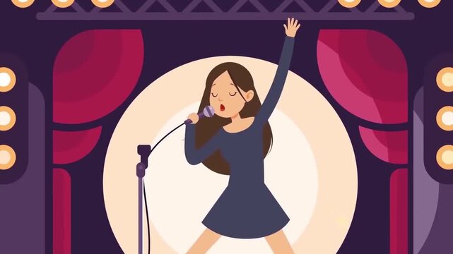 2D Animated Female Pop Singer Performing on Stage with Microphone under Spotlights Flat Vector Character Animation Footage