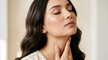 Fototapeta premium Young woman touching her smooth neck with manicured fingernails and dark wavy hair chin lips eyelashes eyebrows shoulders.