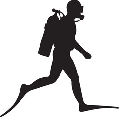 Black silhouette of a scuba diver walking with oxygen tank and flippers isolated on white background © NiMade