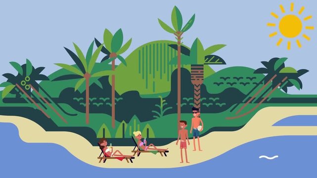 2D Animated Tropical Island Beach Resort Landscape with Sunbathers Palms and Ocean Waves Flat Vector Character Animation Footage