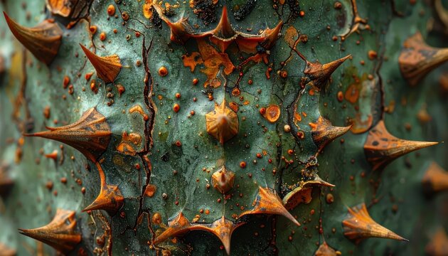 Close Up Cactus With Sharp Spines And Textured Surface.