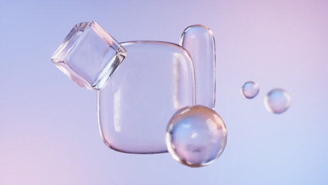 3D render of transparent glass or plastic cubes and spheres floating