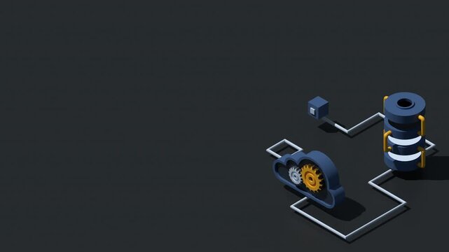 3D isometric cloud database animation. Database with cloud server. Cloud storage. Data transmission technology. Isometric technology. 4K video animated in isometric style