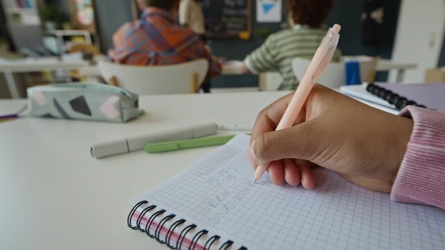 Closeup of unrecognizable young female student writing math equations in notebook during lesson in modern classroom. Footage is ideal for K12 school promotions and educational software advertisements