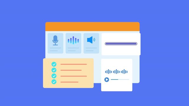 Flat vector animated audio editing dashboard featuring waveform visualization, media controls, analytics, and workflow interface. Ideal for multimedia, technology, and business motion graphics.