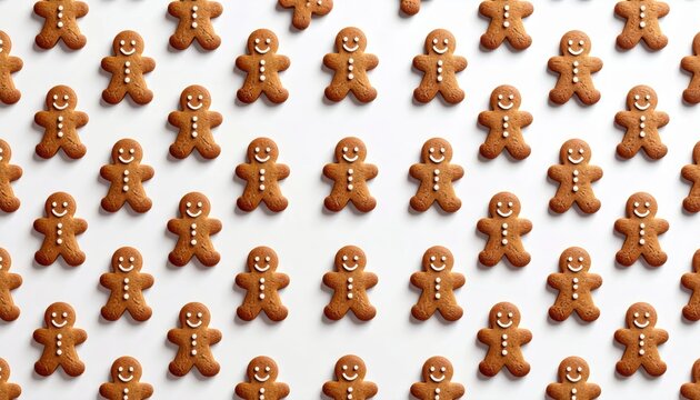 Assorted Gingerbread Man Cookies Scattered Across White Surface.