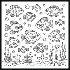 Naklejka premium Cartoon Underwater Fish Coloring Sheet Featuring Sea Animals and Bubbles Outline