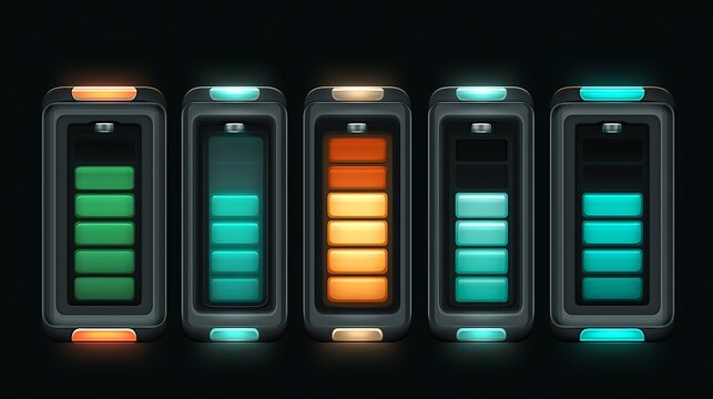 Five stylized digital battery status indicators set against a dark background. Perfect for UI game design or energy.