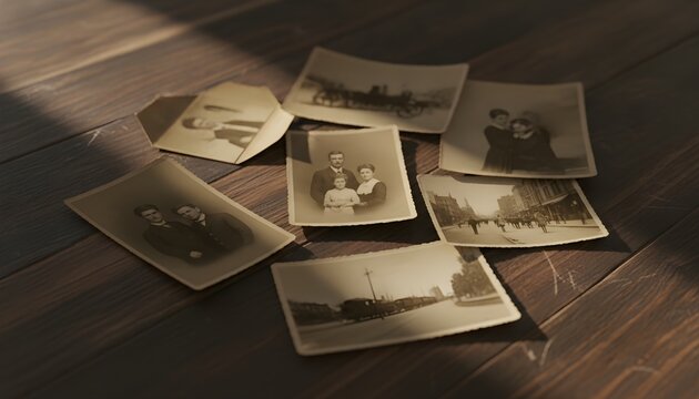 Old Photographs Scattered on Table Background