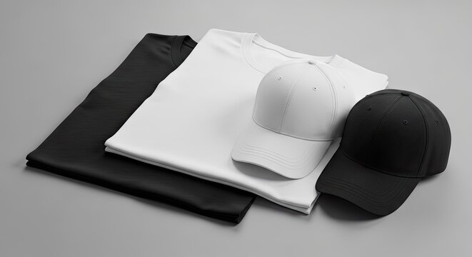 Plain black and white t shirts and baseball caps apparel collection
