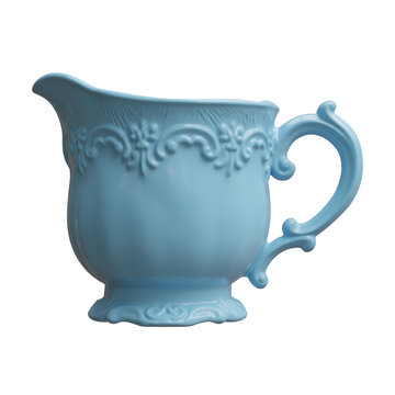 Pastel blue cream pitcher with a curved spout, scrolling handle, and raised floral details, isolated on white transparent