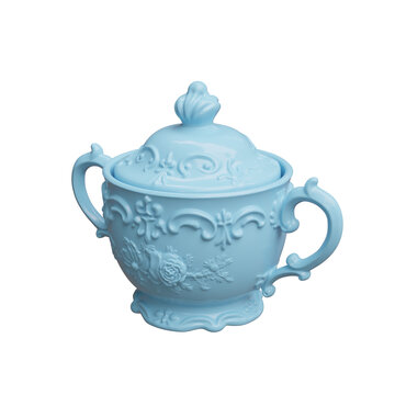 Ornate blue pastel porcelain sugar bowl with a lid, twin handles and floral motifs, isolated on white transparent