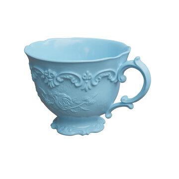 Old blue porcelain teacup with ornate flowers and curved handle, isolated on white transparent, 3d