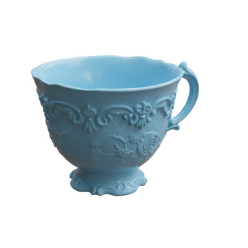 Old blue porcelain teacup with ornate flowers and curved handle, isolated on white transparent, 3d